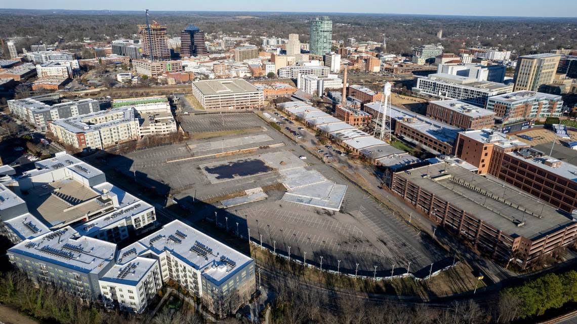 An aerial view of the American Tobacco Campus in Durham, Wednesday, Dec. 20, 2023.