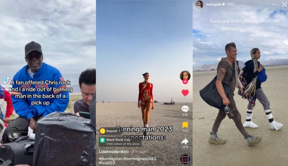 A compilation of screenshots showing Chris Rock (left), Instagram model Yeli Kovalenko (middle), and Joel Kinnaman and Kelly Gale at Burning Man 2023 (right).