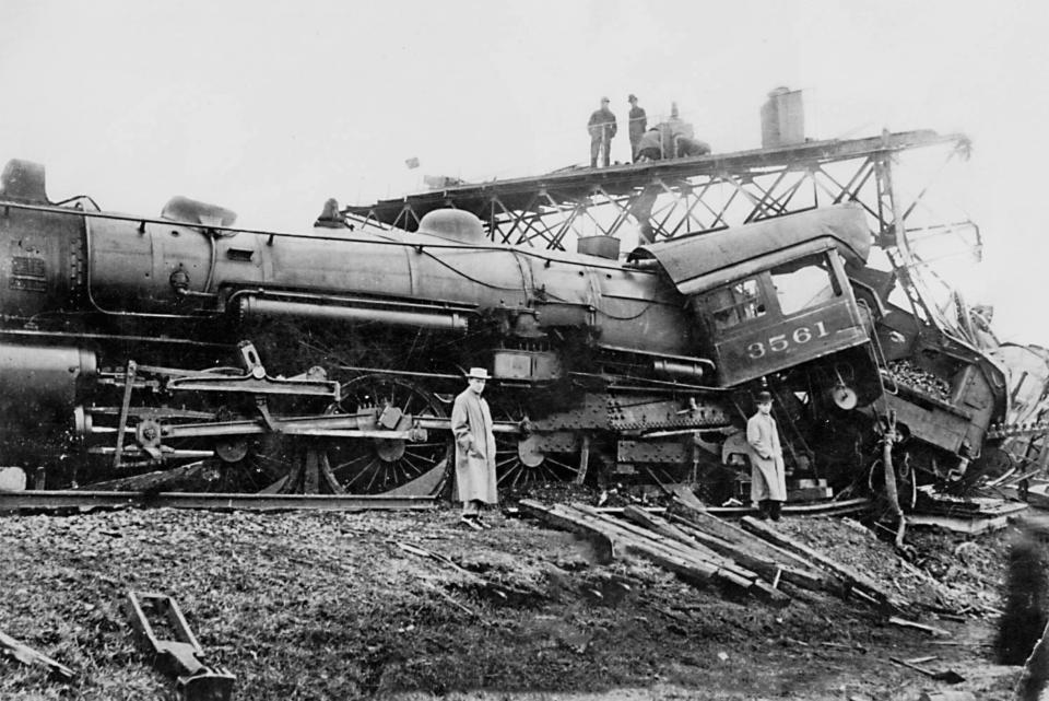 On an early Friday morning on April 8, 1910, the New York Central’s westbound Western New York Express — pulled by Engine 3561 — left Utica with 70 passengers. Meanwhile, about a mile east of Rome, a freight train with 75 loaded cars was stopped and taking on water at a stand pipe. Suddenly, a second freight train appeared and rammed into a switch engine on the tracks. That engine slammed into the stopped freight train taking water and several of its cars were thrown across the tracks. Then the Western New York Express passenger train approached, could not avoid hitting freight cars on the tracks and derailed. No passengers were seriously hurt, but Michael Bassett, of Utica, a fireman on the switch engine, was killed.