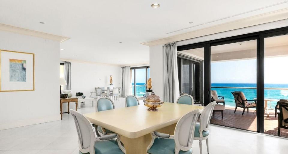 At Palm Beach's 2 N. Breakers Row, the dining room is adjacent to the living room in oceanfront Unit S-45, which just sold with a poolside cabana for a recorded $9 million.