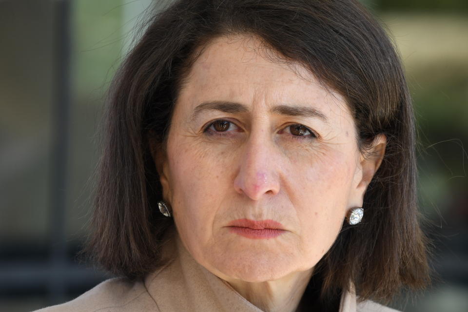 A close up photo of The Honourable Gladys Berejiklian MP, Premier of New South Wales giving a COVID-19 update at a media conference in the suburb of St Leonards on July 06, 2021 in Sydney, Australia