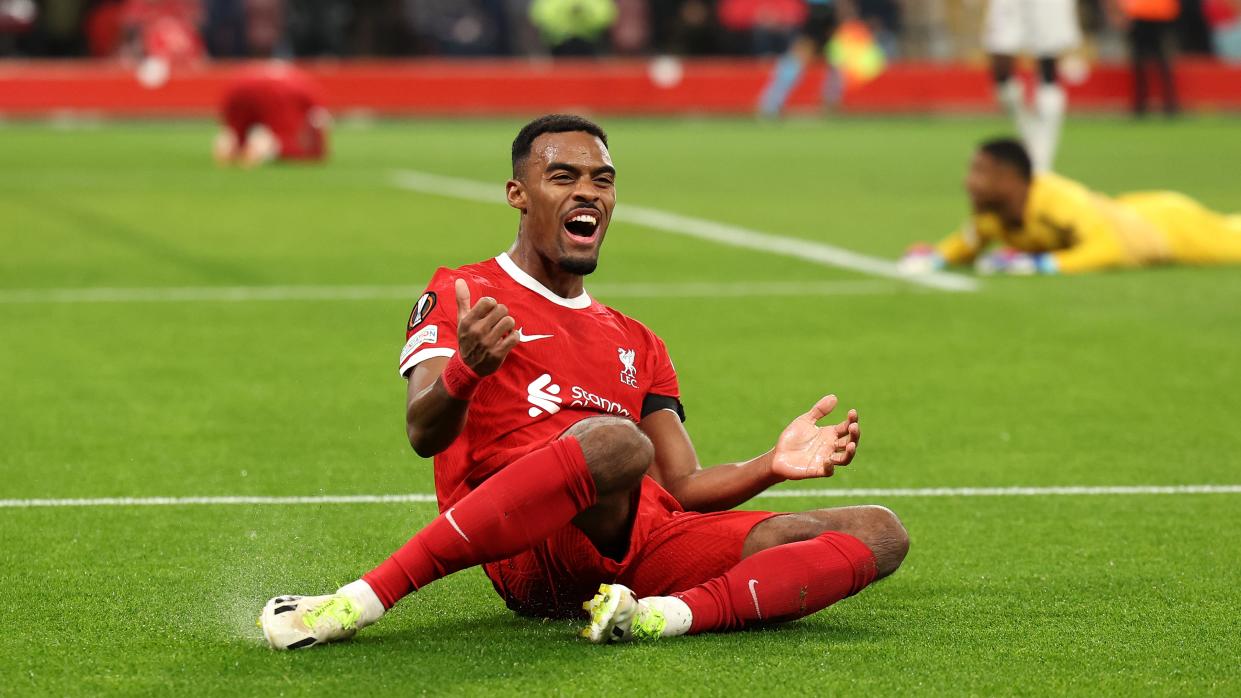  Ryan Gravenberch of Liverpool celebrates after scoring ahead of Bournemouth vs Liverpool match. . 