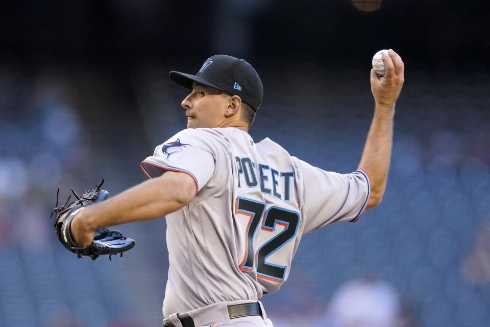 Miami Marlins starting pitcher Cody Poteet throws against the Arizona Diamondbacks during the first inning of a baseball game Wednesday, May 12, 2021, in Phoenix. (AP Photo/Ross D. Franklin)