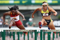 (L-R) Nia Ali and Lolo Jones compete in the Women's 100 meter hurdles semi-final on day four of the USA Outdoor Track & Field Championships at the Hayward Field on June 26, 2011 in Eugene, Oregon. (Photo by Christian Petersen/Getty Images)