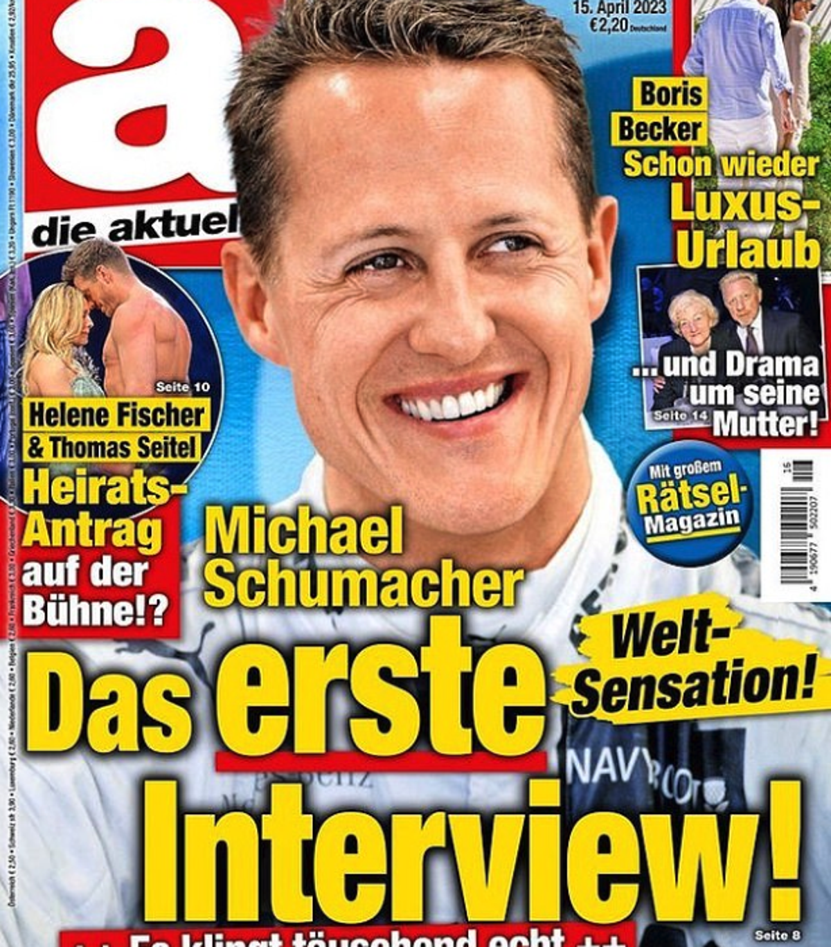 The front cover of the April 15 edition of German magazine Die Aktuelle, with a photo of Michael Schumacher with the headline ‘exclusive interview’ (Die Aktuelle)