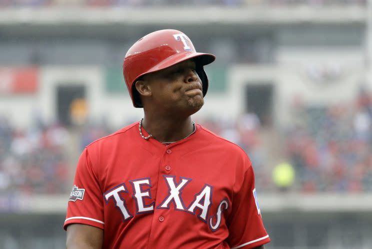 Adrian Beltre goes to one knee after being fooled by 61 mph eephus