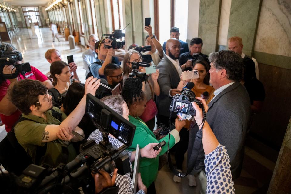 Jeff Germany, the attorney representing Riley Keough, speaks to the press after an injunction hearing over a potential foreclosure sale of Elvis Presley's Graceland estate at Shelby County Chancery Court in Memphis, Tenn., on Wednesday, May 22, 2024.