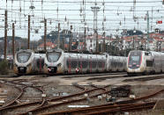 Trains park at the Hendaye train station, southwestern France, Sunday Dec.8, 2019 on the fourth day of nationwide strikes that disrupted weekend travel around France. France's prime minister is holding special meetings Sunday about the government's divisive redesign of the national retirement system, amid warnings that strike-related transport troubles will get even worse in the coming days. (AP Photo/Bob Edme)