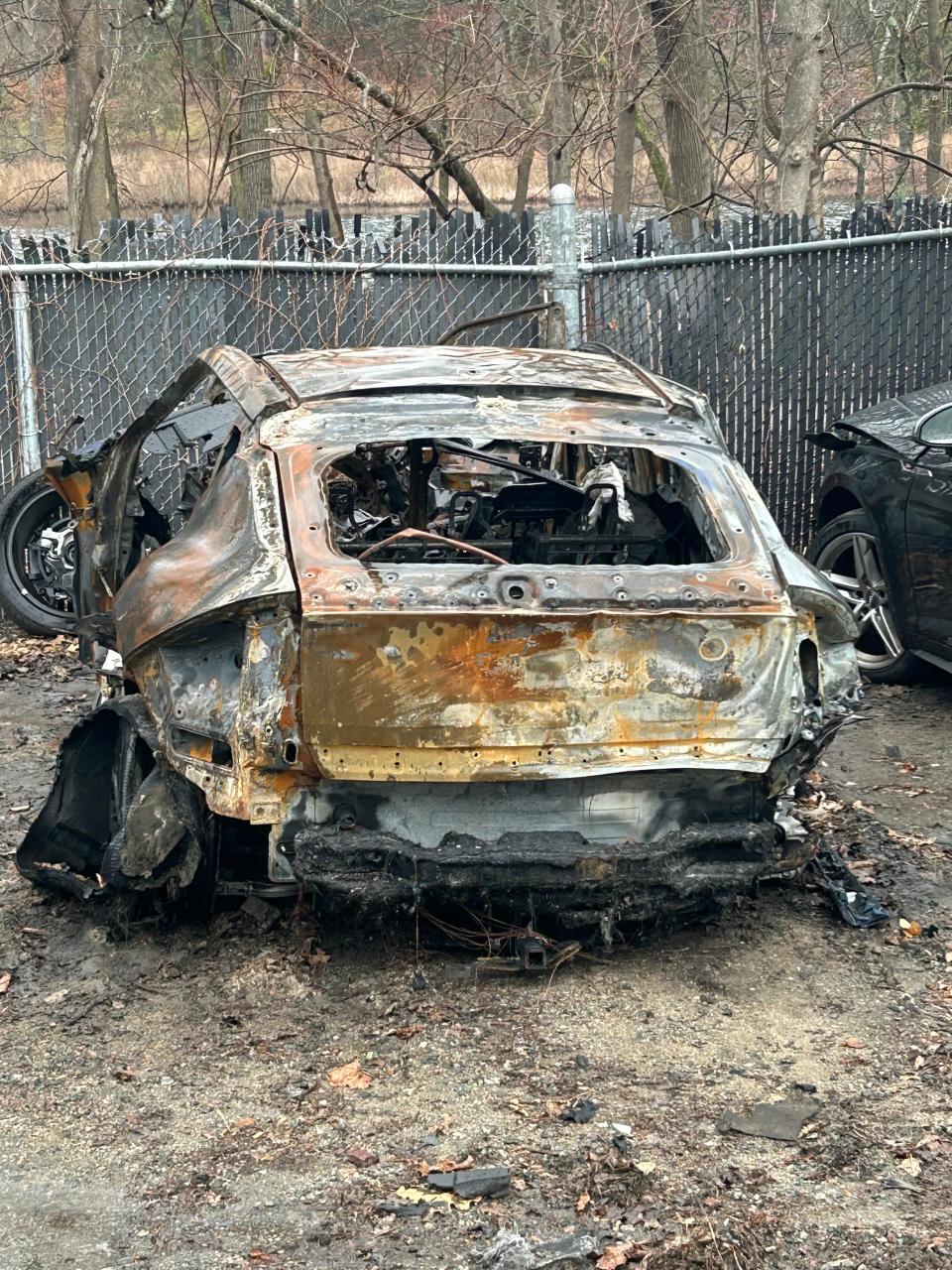 This Kia EV6 was destroyed when it caught fire on March 30 after a crash on Shaw Drive in Wayland in which a 43-year-old man was killed. Firefighting professionals say fires are harder to extinguish when associated with electric-powered vehicles, as opposed to traditional gasoline-powered vehicles.