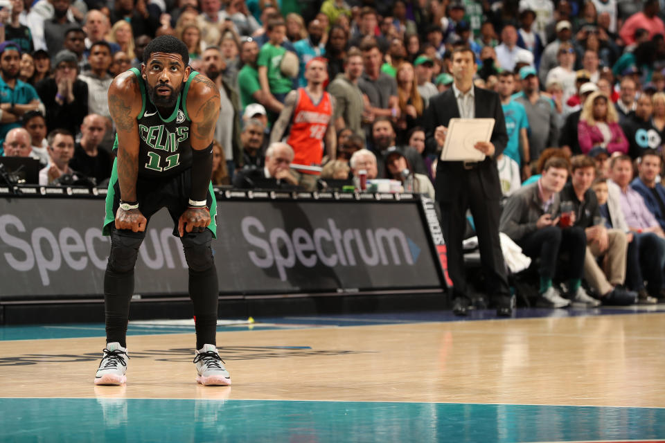 Kyrie Irving wasn't happy with Brad Stevens' choices after the Celtics blew an 18-point lead and lost to the Hornets. (Photo by Kent Smith/NBAE via Getty Images)