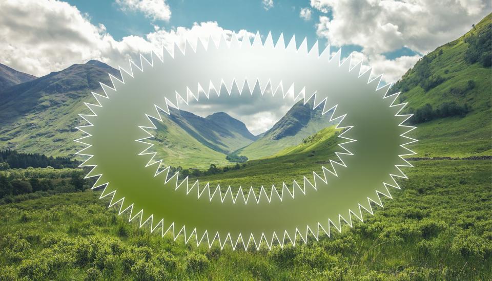 A mountain background with a circle of zigzag lines.