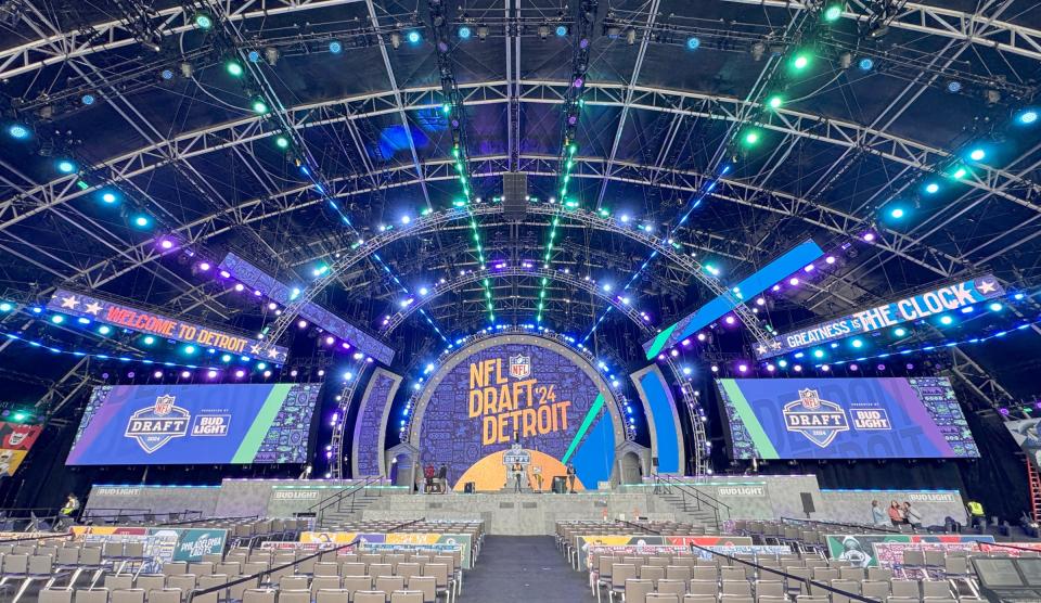 The main stage of the NFL draft theater near Campus Martius Park in Detroit on Tuesday, April 23, 2024.