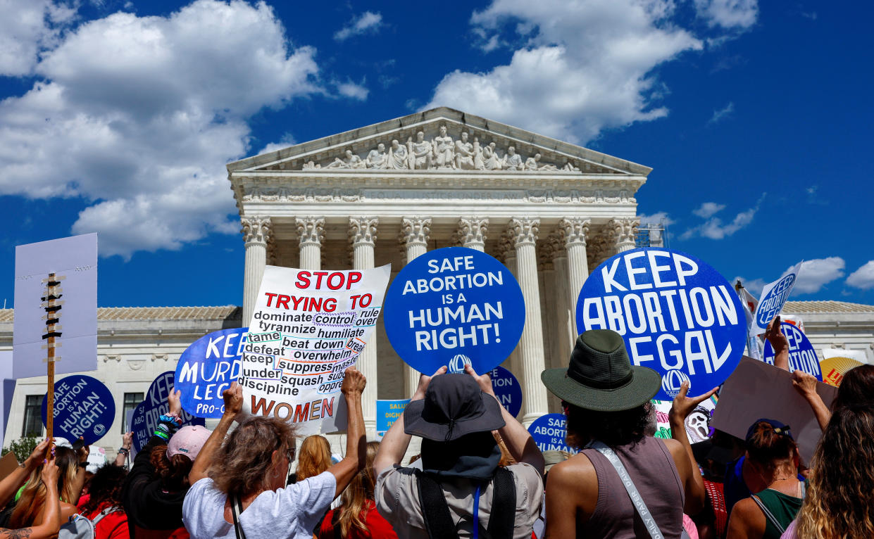 Protestors demonstrate outside the Supreme Court building for abortion rights on the second anniversary of the decision to overturn Roe v. Wade.