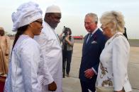 <p>Prince Charles and Camilla arrive in Banjul, the first stop of their West African tour, where they are welcomed by the Gambia's president Adama Barrow and his wife Fatou Bah-Barrow. </p>