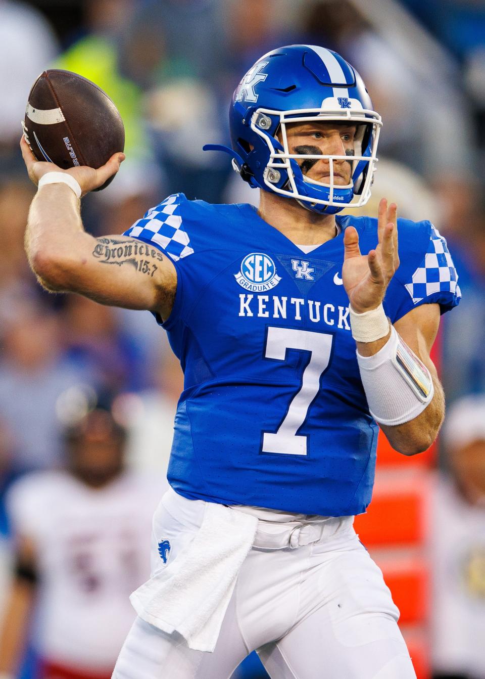 Sep 24, 2022; Lexington, Kentucky, USA; Kentucky Wildcats quarterback Will Levis (7) throws a pass during the first quarter against the Northern Illinois Huskies at Kroger Field. Mandatory Credit: Jordan Prather-USA TODAY Sports