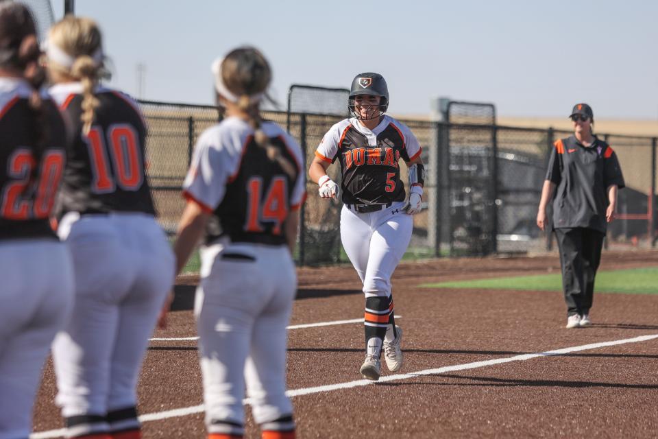 Dumas’ Melaney Granados (5) runs toward home after hitting a home run in a District 4-4A game against West Plains, Monday, April 3, 2023, at West Plains High School, in Canyon, Texas.  Dumas won 15-5.