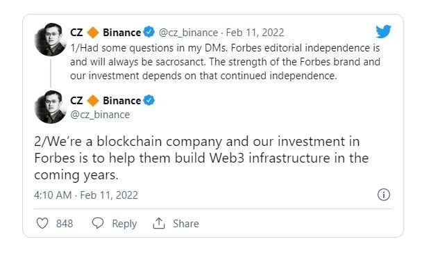 binance forbes investment 2 &#x005716;/Twitter