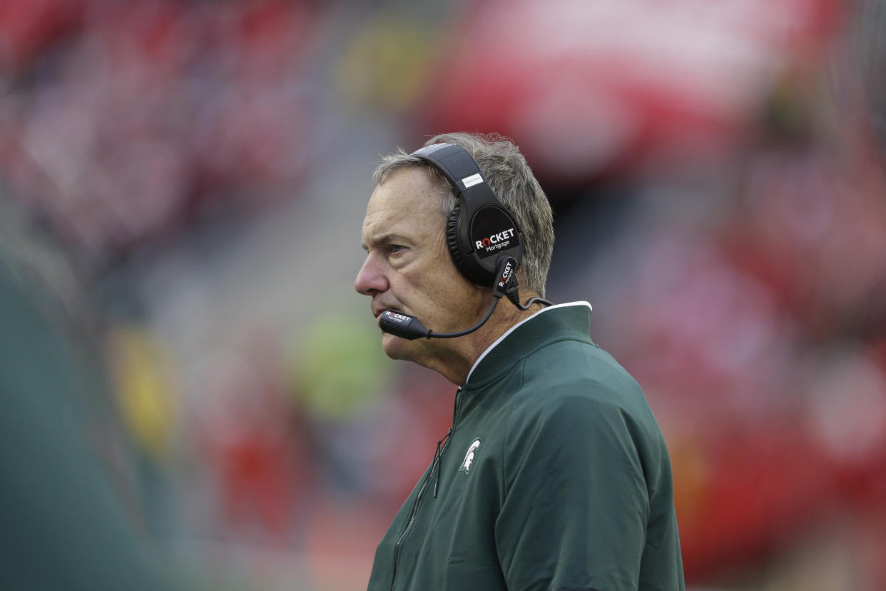 Michigan State head coach Mark Dantonio looks on during the second half of an NCAA college football game against Wisconsin Saturday, Oct. 12, 2019, in Madison, Wis. Wisconsin won 38-0. (AP Photo/Andy Manis)