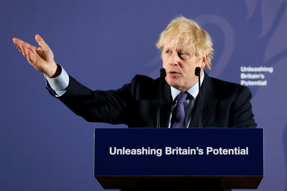 Britain's Prime Minister Boris Johnson reacts as he delivers a speech at the Old Royal Naval College in Greenwich, south east London on February 3, 2020. - Britain on Monday said it wanted a "thriving trade and economic relationship" with the European Union, as it set out its position for future trade talks after it left the bloc. But Prime Minister Boris Johnson pledged: "We will not engage in some cut-throat race to the bottom. We are not leaving the EU to undermine European standards. We will not engage in any kind of dumping, whether commercial, social or environmental." (Photo by Frank Augstein / POOL / AFP) (Photo by FRANK AUGSTEIN/POOL/AFP via Getty Images)