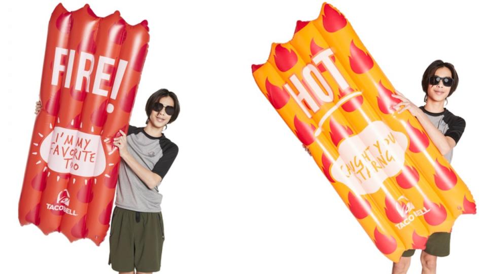 The same young man in two different photos holds up a long Taco Bell Sauce packet pool float, one red, one yellow