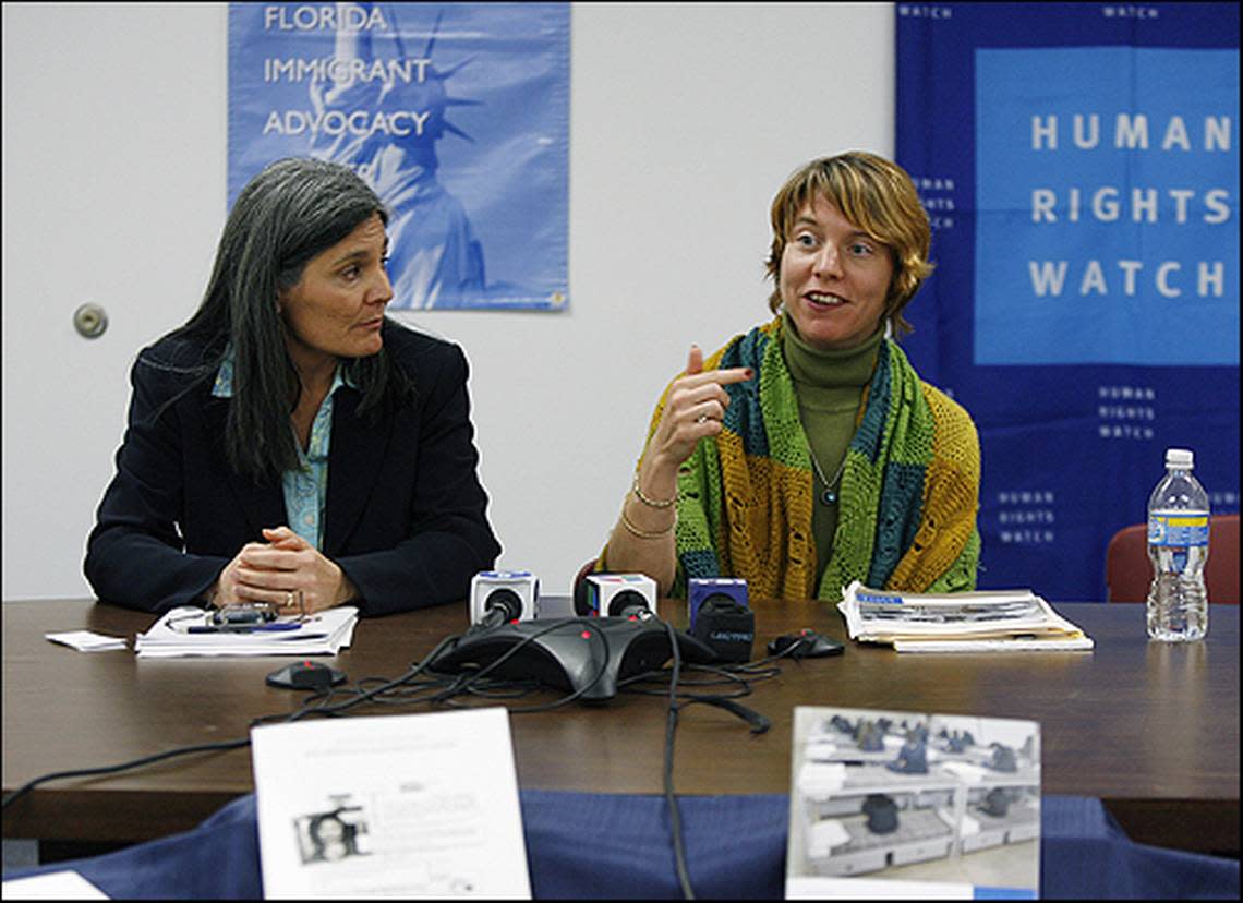 In this file photo from 2009, Susana Barciela (left), then policy director of the Florida Immigrant Advocacy Center (later named Americans for Immigrant Justice) and Marianne Mollmann, director of the Human Rights division, speak during a press conference about negligence in medical care for immigrants detained in county jails.