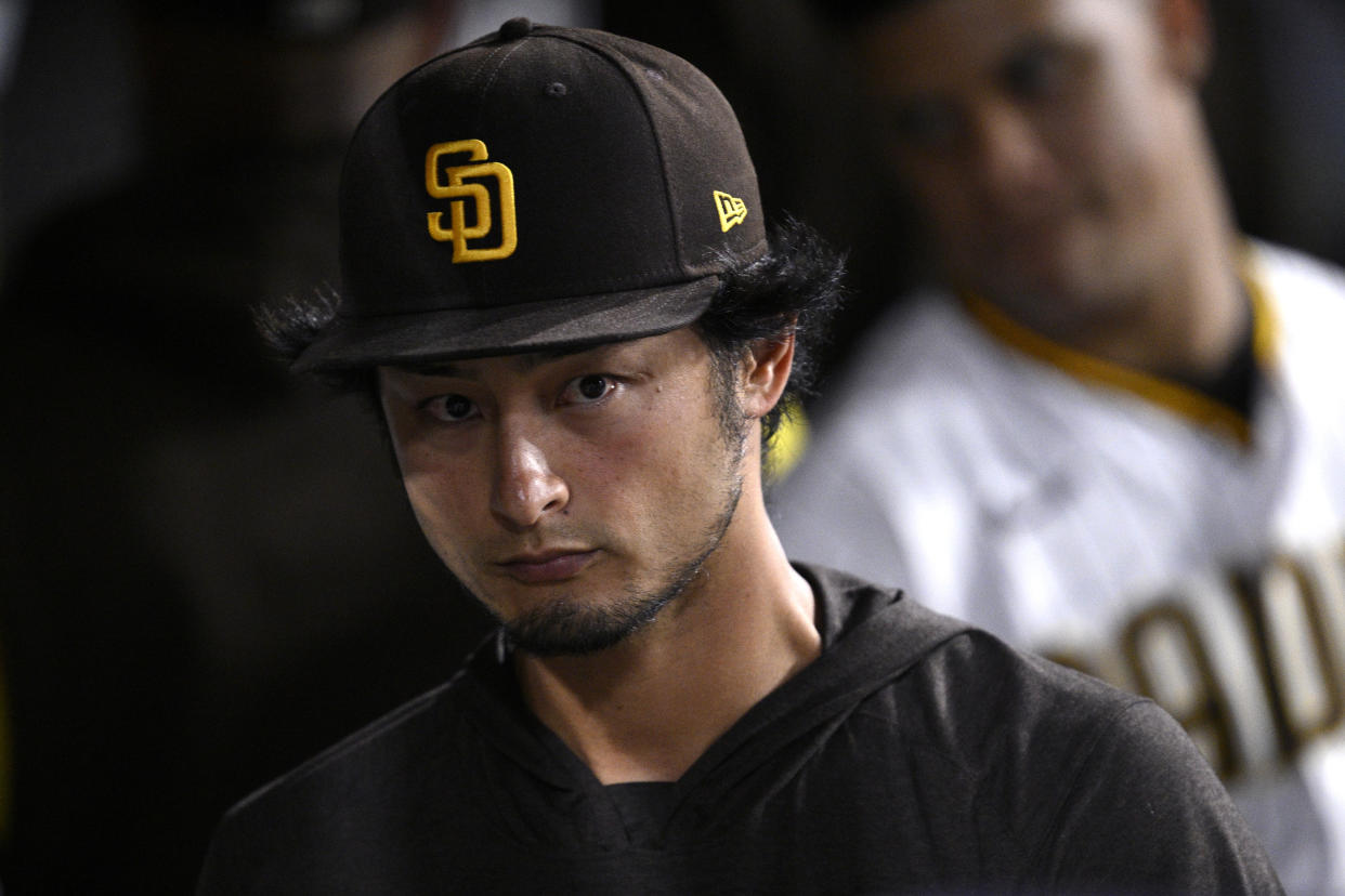 SAN DIEGO, CALIFORNIA - AUGUST 17: Yu Darvish #11 of the San Diego Padres looks on during the eighth inning against the Arizona Diamondbacks at PETCO Park on August 17, 2023 in San Diego, California. (Photo by Orlando Ramirez/Getty Images)