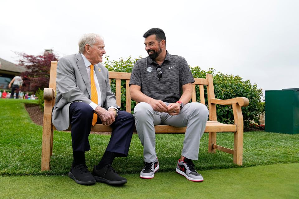 Jun 5, 2024; Columbus, Ohio, USA; Jack Nicklaus talks to Ohio State football coach Ryan Day during a practice day for the Memorial Tournament at Muirfield Village Golf Club.