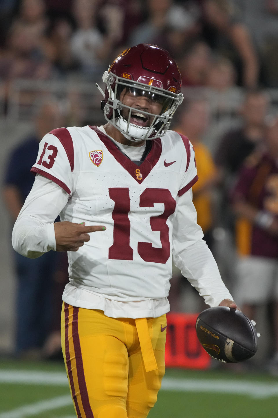 Southern California quarterback Caleb Williams reacts to a call during the first half of the team's NCAA college football game against Arizona State, Saturday, Sept. 23, 2023, in Tempe, Ariz. (AP Photo/Rick Scuteri)