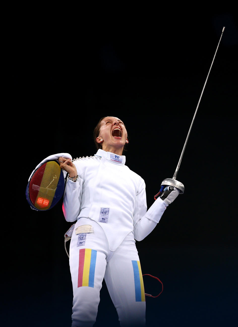 Ana Maria Branza of Romania celebrates victory after the Women's Fencing Individual Epee semi final against Erika Kirpu of Estonia during day eleven of the Baku 2015 European Games at the Crystal Hall on June 23, 2015 in Baku, Azerbaijan. (Photo by Paul Gilham/Getty Images for BEGOC)