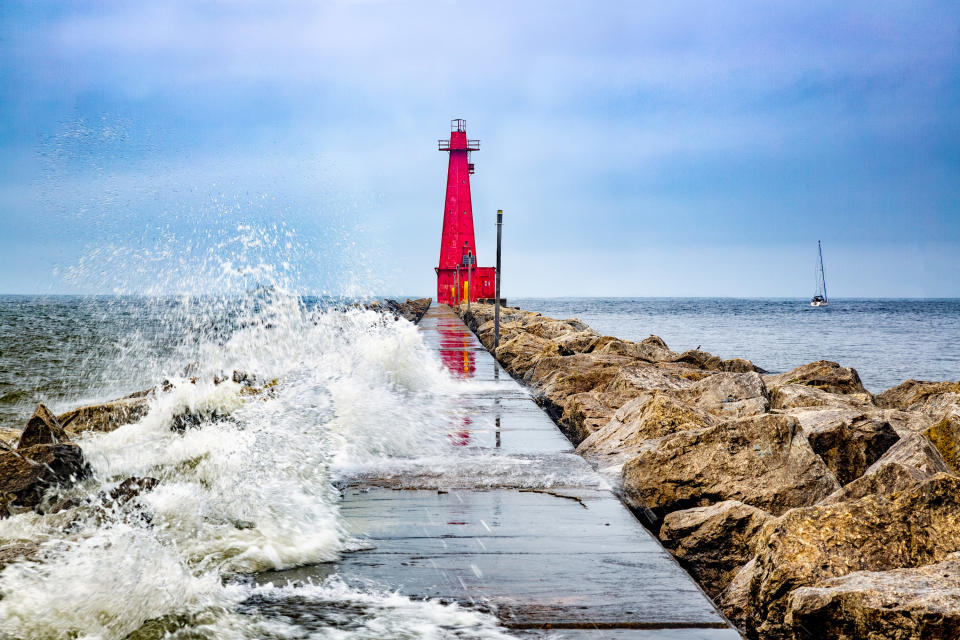 Muskegon Channel South Pier Lighthouse and Wave, Lake Michigan