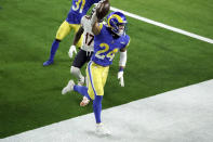 Los Angeles Rams safety Taylor Rapp (24) celebrates after intercepting a pass in the end zone during the second half of an NFL football game against the Chicago Bears Monday, Oct. 26, 2020, in Inglewood, Calif. (AP Photo/Ashley Landis)