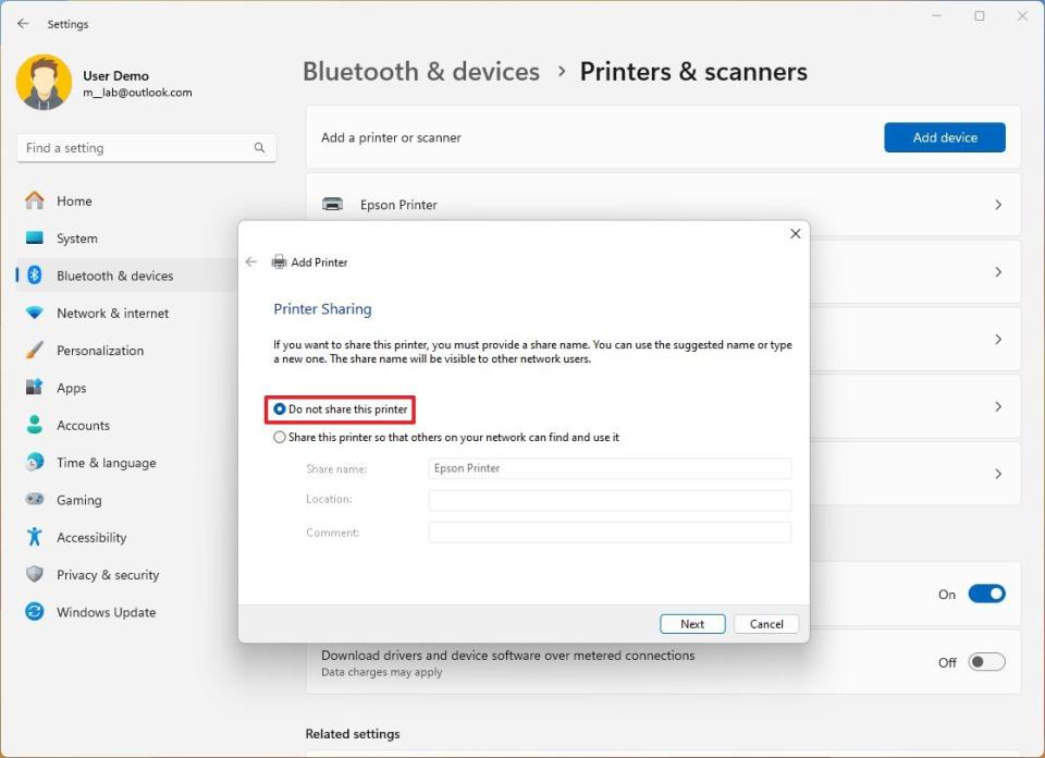 Printer setup sharing option