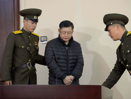 South Korea-born Canadian pastor Hyeon Soo Lim stands during his trial at a North Korean court in this undated photo released by North Korea's Korean Central News Agency (KCNA) in Pyongyang December 16, 2015. REUTERS/KCNA