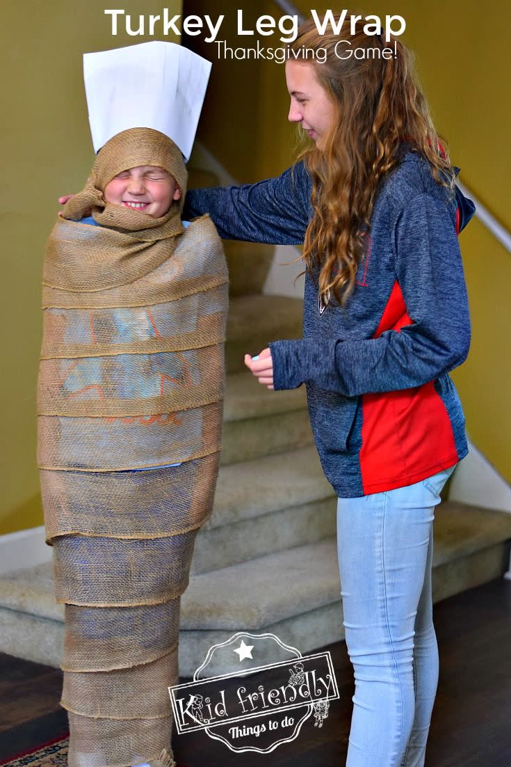 <p>Turkey legs are probably on your dinner table at Thanksgiving, and now they can be a part of the fun too. Players have one minute to wrap up their teammate in burlap and a chef's hat in this game.</p><p><strong>Get the tutorial at <a href="https://kidfriendlythingstodo.com/10-awesome-minute-to-win-it-thanksgiving-games-for-kids-to-play-kid-friendly-things-to-do/" rel="nofollow noopener" target="_blank" data-ylk="slk:Kid Friendly Things to Do;elm:context_link;itc:0;sec:content-canvas" class="link ">Kid Friendly Things to Do</a>.</strong></p>