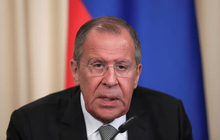 Russian Foreign Minister Sergei Lavrov speaks during a news conference following the talks with his Cuban counterpart Bruno Rodriguez in Moscow, Russia May 27, 2019. REUTERS/Evgenia Novozhenina