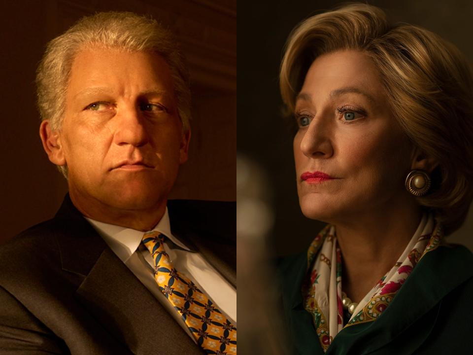 Clive Owen as Bill Clinton (left) and Edie Falco as Hillary Clinton (right)