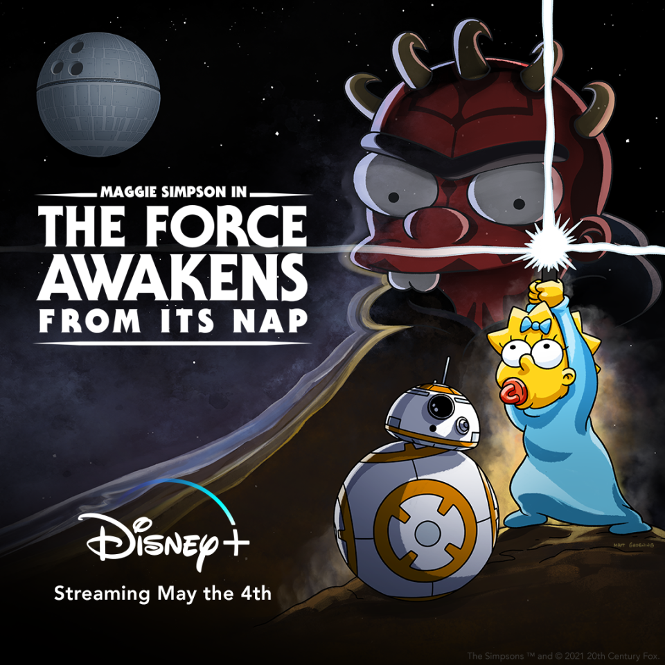 Key art for The Simpsons Star Wars short, which featuires Maggie holding a lightsaber near BB-8, with the Unibrow baby behind her as Darth Maul