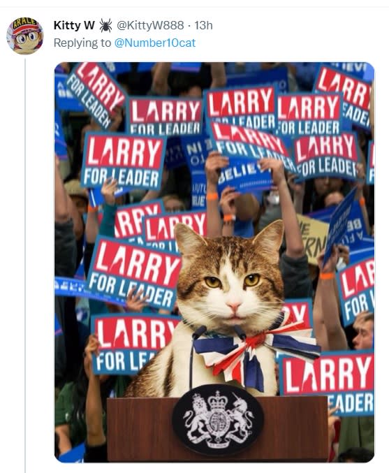 有網友馬上做出梗圖，為英國第一貓賴瑞造勢，人氣爆棚。   圖：翻攝自Kitty W推特