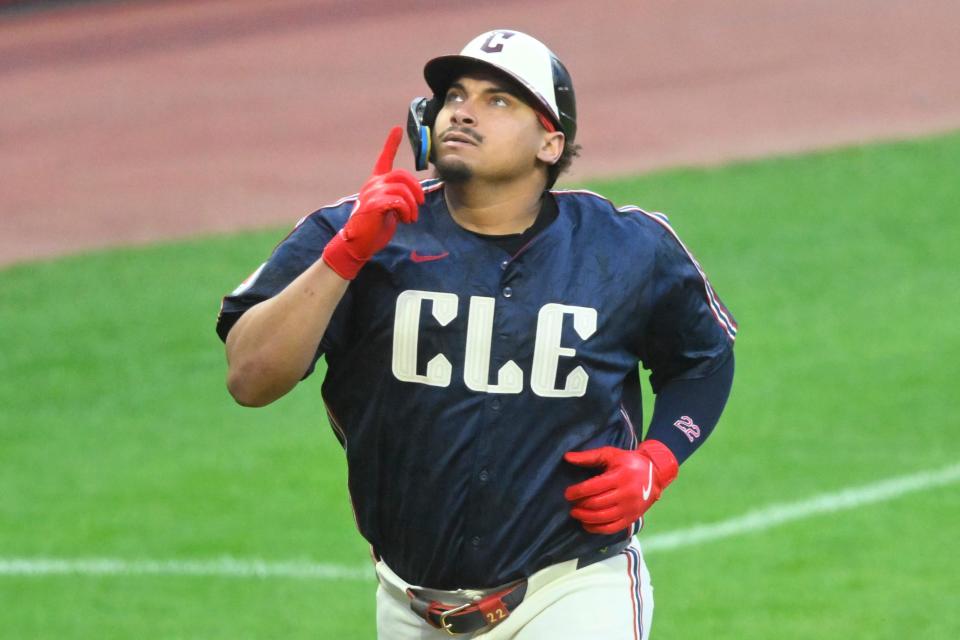 Cleveland Guardians' Josh Naylor (22) celebrates his solo home run in the second inning against the Minnesota Twins on Wednesday in Cleveland.