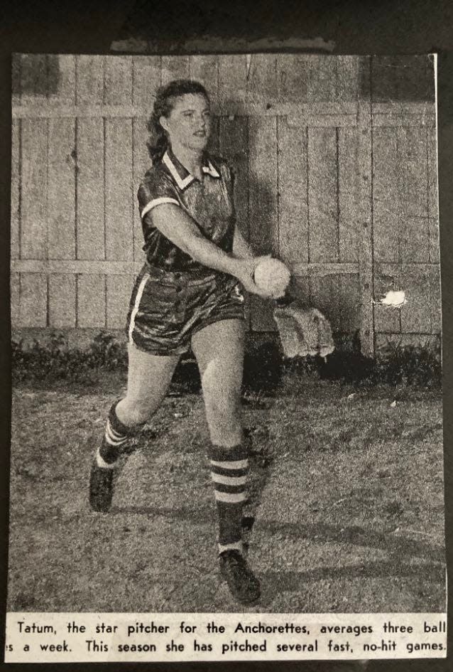 A photo that ran in the Indianapolis Star, showing Patty Tatum practicing her pitching.
