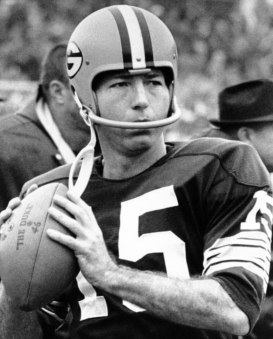 FILE - In this Jan. 26, 1967, file photo, Green Bay Packers quarterback Bart Starr is shown. Starr, the Green Bay Packers quarterback and catalyst of Vince Lombardi's powerhouse teams of the 1960s, has died. He was 85. The Packers announced Sunday, May 26, 2019, that Starr had died, citing his family. He had been in failing health since suffering a serious stroke in 2014. (AP Photo/File)
