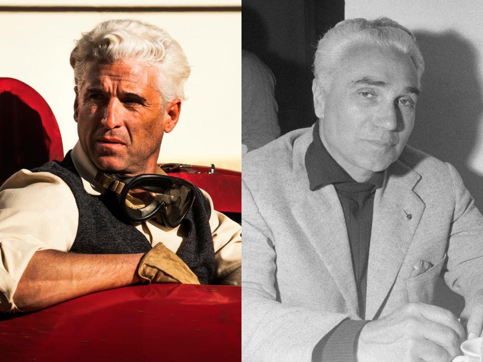 A side-by-side image of Patrick Dempsey as Piero Taruffi in "Ferrari," and the real-life Piero Taruffi posing for photographs at a table in 1956.