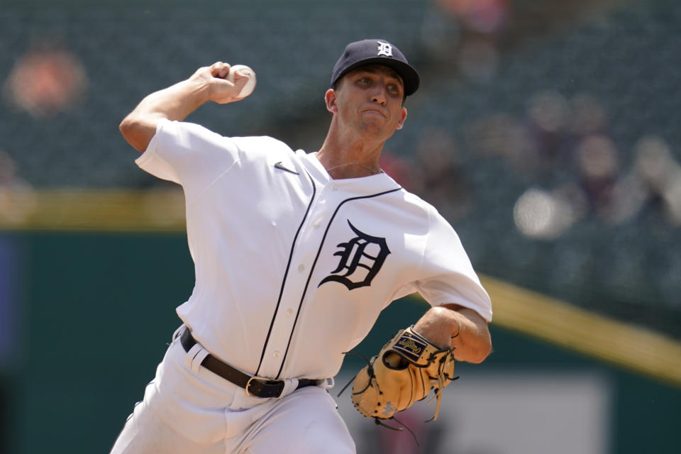 Detroit Tigers pitcher Beau Brieske throws against the Oakland Athletics in the first inning of a baseball game in Detroit, Thursday, May 12, 2022. (AP Photo/Paul Sancya)