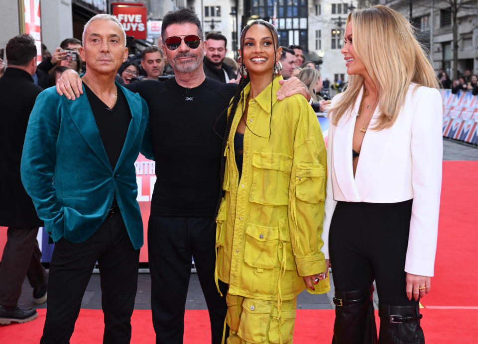 LONDON, ENGLAND - JANUARY 25: (L-R) Bruno Tonioli, Simon Cowell, Alesha Dixon and Amanda Holden attend the Britain's Got Talent 2024 photocall on January 25, 2024 in London, England. (Photo by Karwai Tang/WireImage)