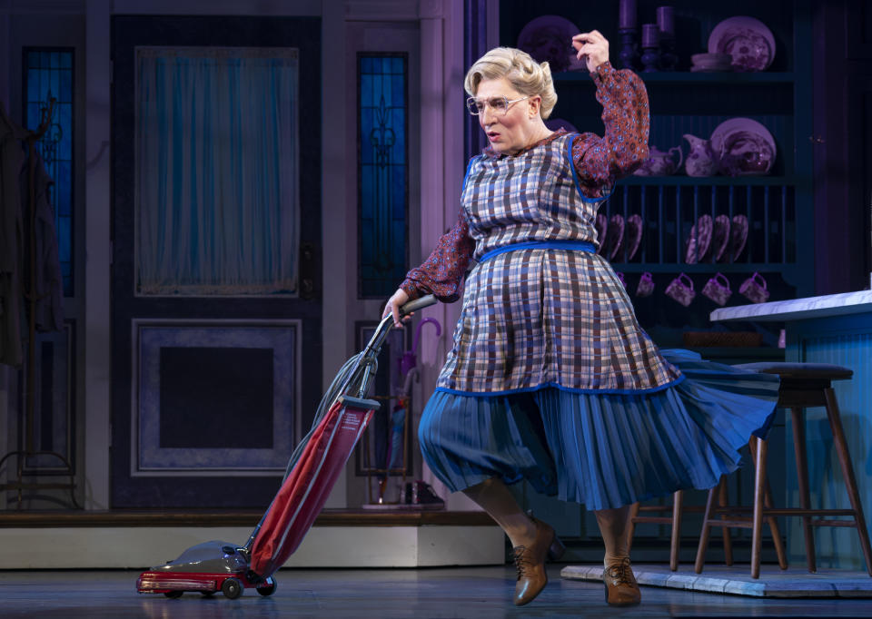 This image released by Boneau/Bryan-Brown shows Rob McClure during a performance of "Mrs. Doubtfire." (Joan Marcus/Boneau/Bryan-Brown via AP)