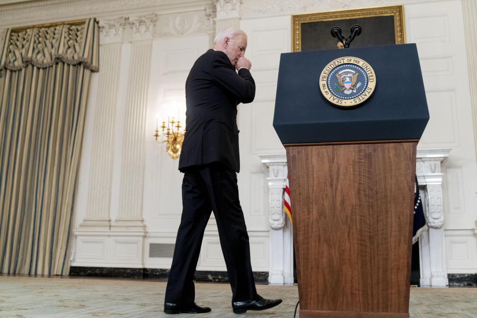 President Joe Biden arrives to speak in the State Dining Room at the White House, Thursday, Sept. 9, 2021, in Washington. Biden is announcing sweeping new federal vaccine requirements affecting as many as 100 million Americans in an all-out effort to increase COVID-19 vaccinations and curb the surging delta variant. (AP Photo/Andrew Harnik)