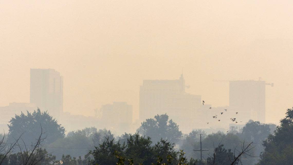 The downtown Boise skyline barely appears amid the smoke-filled air—causing an unhealthy air quality alert for Boise and surrounding communities.