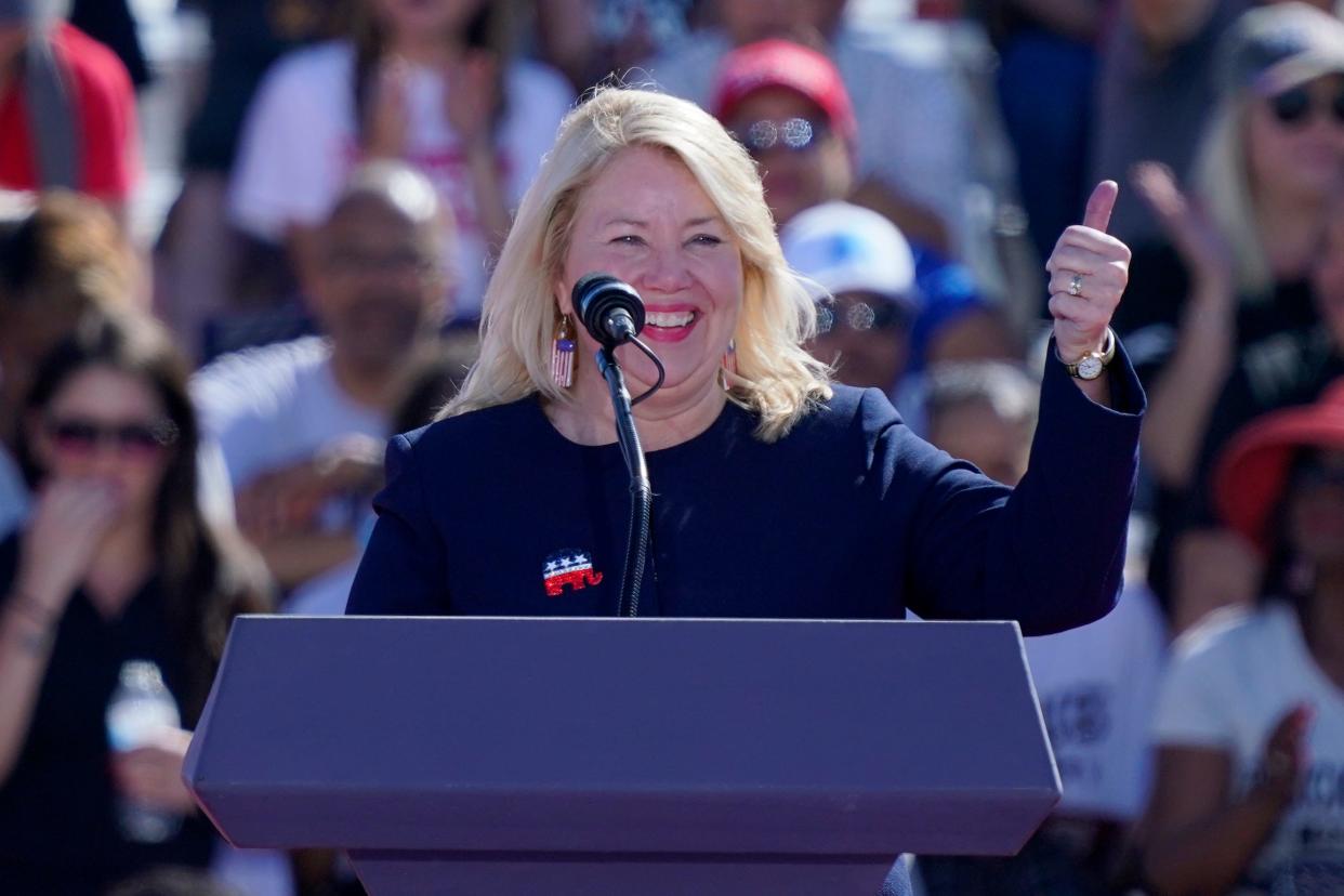 U.S. Rep. Debbie Lesko speaks during a rally, Oct. 9, 2022, in Mesa, Ariz. Lesko announced on Oct. 17, 2023, that she will not run in 2024.