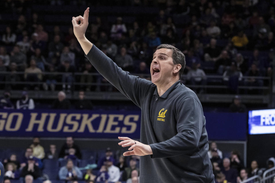 California coach Mark Madsen yells to the team during the first half of an NCAA college basketball game against Washington, Saturday, Feb. 17, 2024, in Seattle. California won 82-80. (AP Photo/Stephen Brashear)