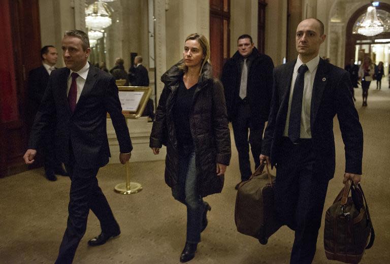 European Union High Representative Federica Mogherini (C) arrives at the Beau Rivage Palace Hotel March 28, 2015 in Lausanne, Switzerland, during Iran nuclear talks